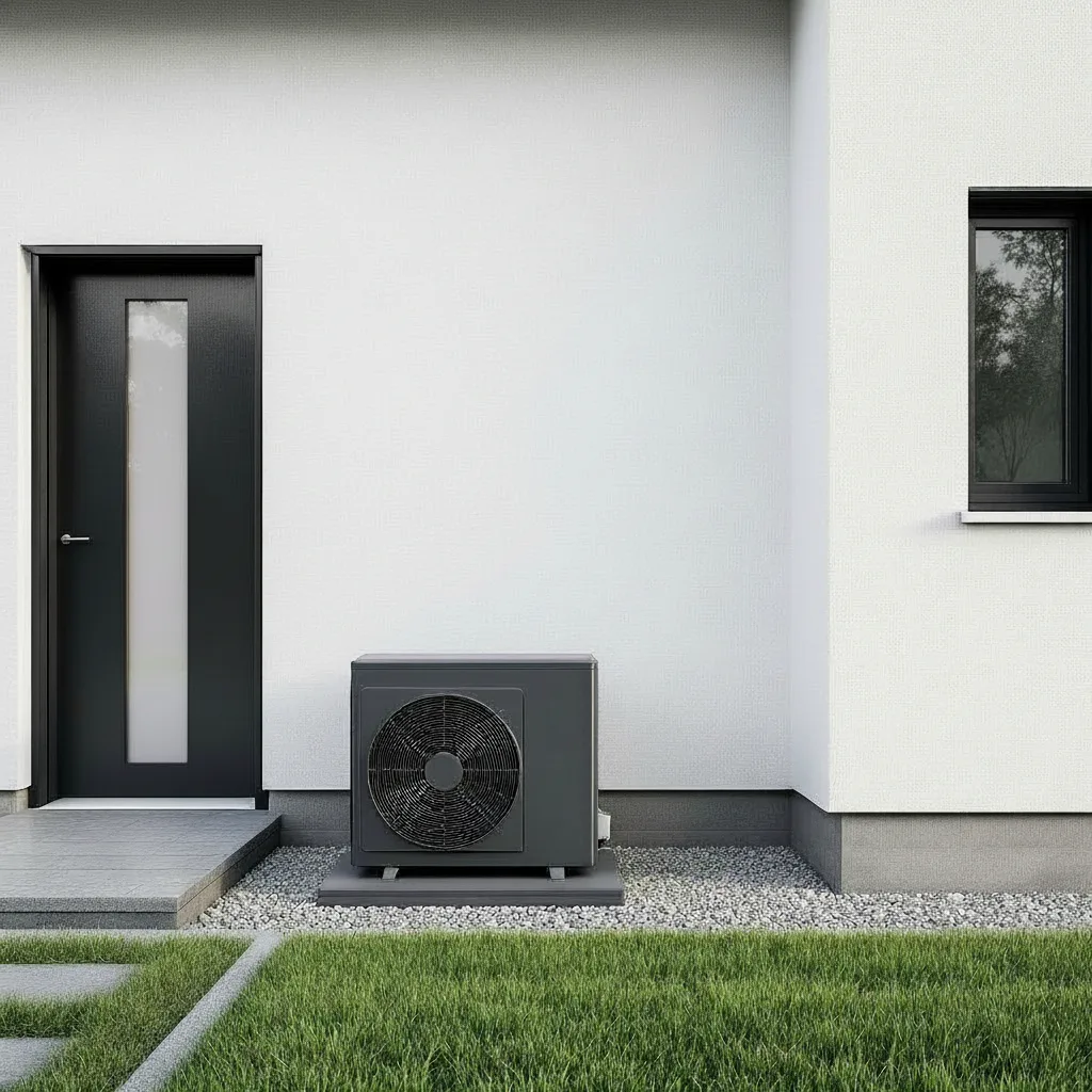 Wärmepumpen – Installation vor Haus Effiziente Wärmepumpe vor einem Wohnhaus